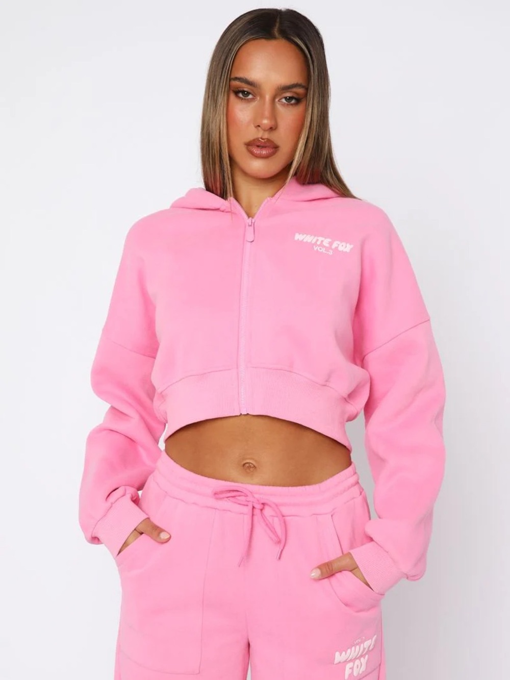 White Fox Offstage Cropped Zip Hoodie Bubblegum XS/S